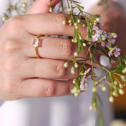 Clear Quartz, Crystal Ring Rectangular Cut Vermeil 14K Gold, 925 Sterling silver, Minimal Timeless Design, Stacking Ring, Delicate, Dainty