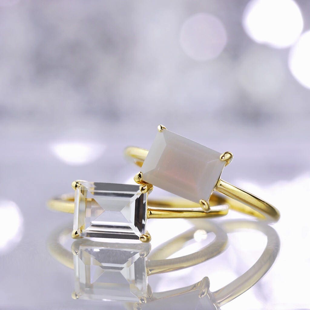 Clear Quartz, Crystal Ring Rectangular Cut Vermeil 14K Gold, 925 Sterling silver, Minimal Timeless Design, Stacking Ring, Delicate, Dainty
