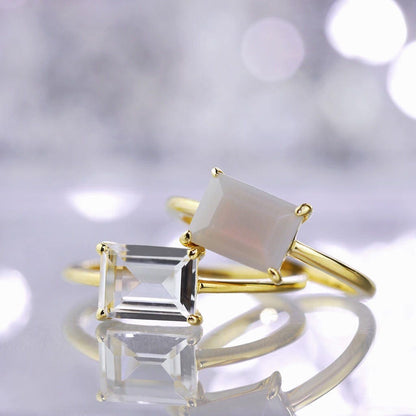 Clear Quartz, Crystal Ring Rectangular Cut Vermeil 14K Gold, 925 Sterling silver, Minimal Timeless Design, Stacking Ring, Delicate, Dainty