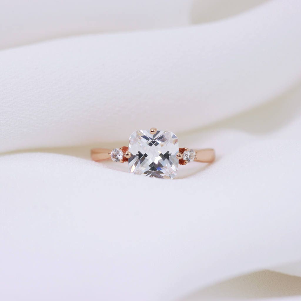 Rose Gold Engagement Ring, Cushion Cut, Sterling Silver 925 Simulated Diamonds Delicate, Promise ring, Statement, Stacking