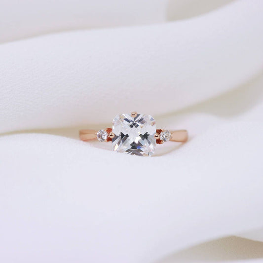 Rose Gold Engagement Ring, Cushion Cut, Sterling Silver 925 Simulated Diamonds Delicate, Promise ring, Statement, Stacking