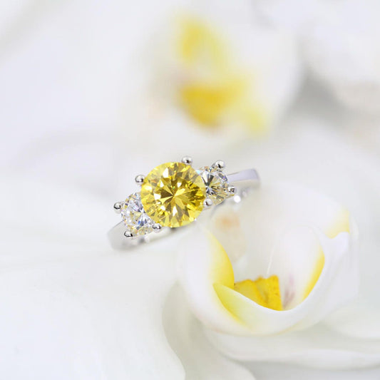 Canary Stone 3 Carat Sterling Ring - Yellow Promise Engagement Ring with Simulated Diamonds