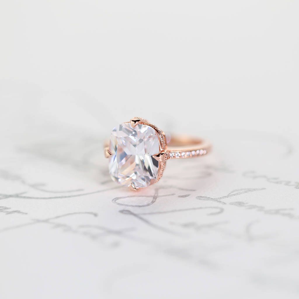 Engagement Ring, 14K Rose Gold Vermeil, Solitaire, Simulated Diamond, Statement, Wedding, Sterling Silver, 925, Promise Ring, Bold