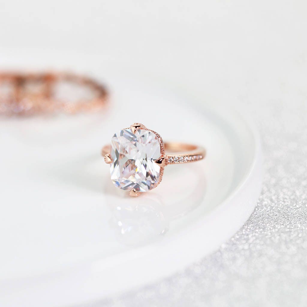 Engagement Ring, 14K Rose Gold Vermeil, Solitaire, Simulated Diamond, Statement, Wedding, Sterling Silver, 925, Promise Ring, Bold