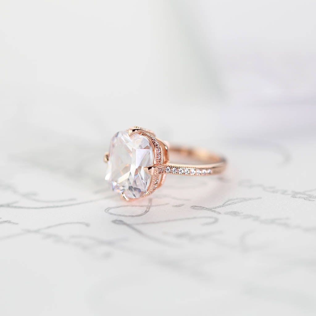 Engagement Ring, 14K Rose Gold Vermeil, Solitaire, Simulated Diamond, Statement, Wedding, Sterling Silver, 925, Promise Ring, Bold