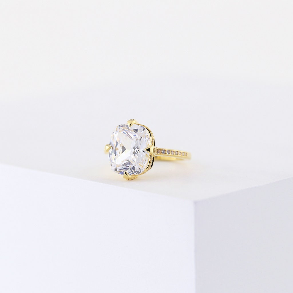 Engagement Ring, 14K Rose Gold Vermeil, Solitaire, Simulated Diamond, Statement, Wedding, Sterling Silver, 925, Promise Ring, Bold