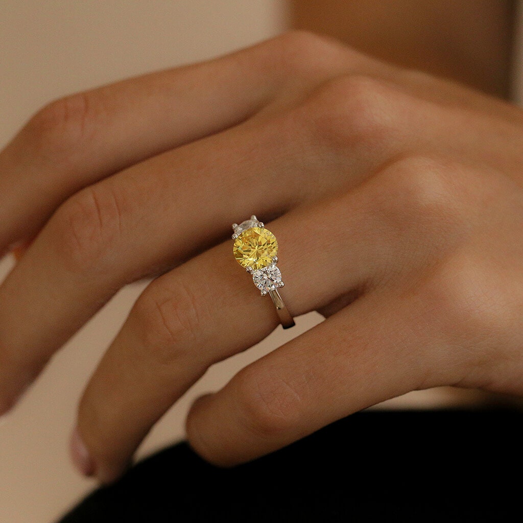 Canary Stone 3 Carat Sterling Ring - Yellow Promise Engagement Ring with Simulated Diamonds