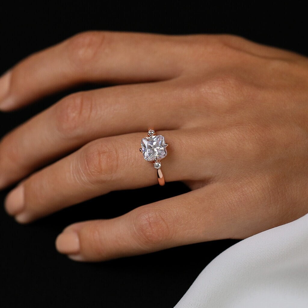 Rose Gold Engagement Ring, Cushion Cut, Sterling Silver 925 Simulated Diamonds Delicate, Promise ring, Statement, Stacking