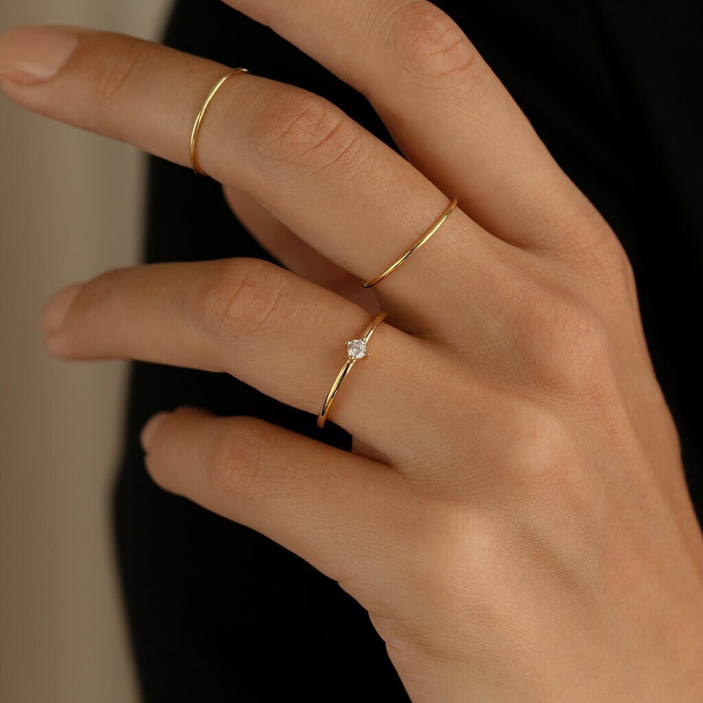 Mini Solitaire Ring in 14K Gold or White Gold over Sterling Silver - Moissanite or Simulated Stone - Dainty Ring - Promise Ring