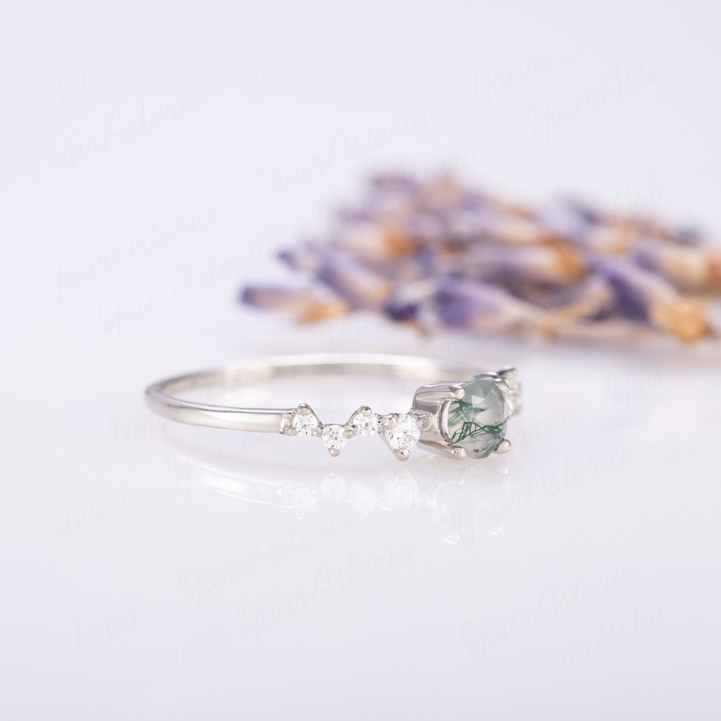 Round Green Moss Agate Ring for Her