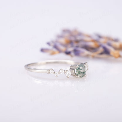 Round Green Moss Agate Ring for Her