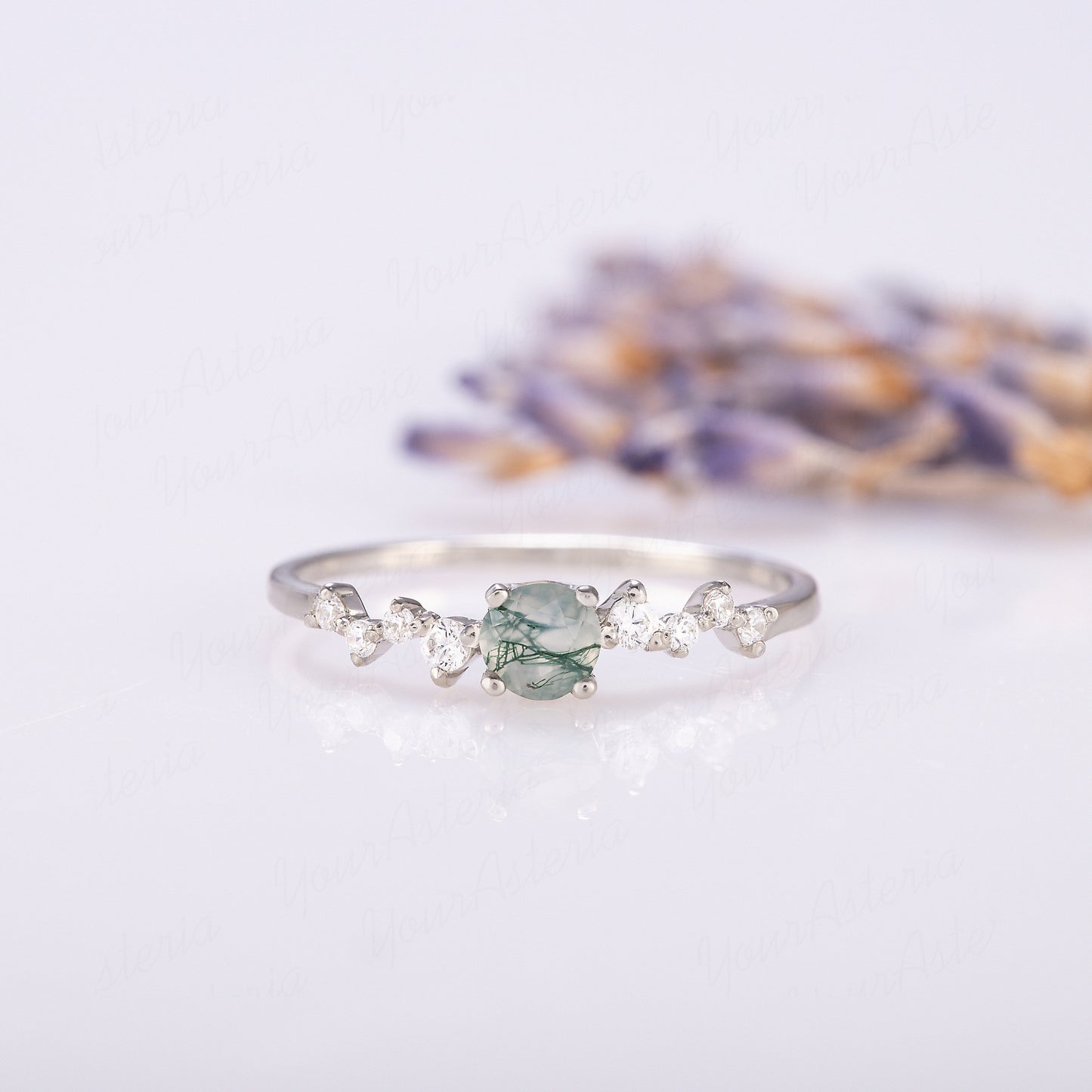 Round Green Moss Agate Ring for Her