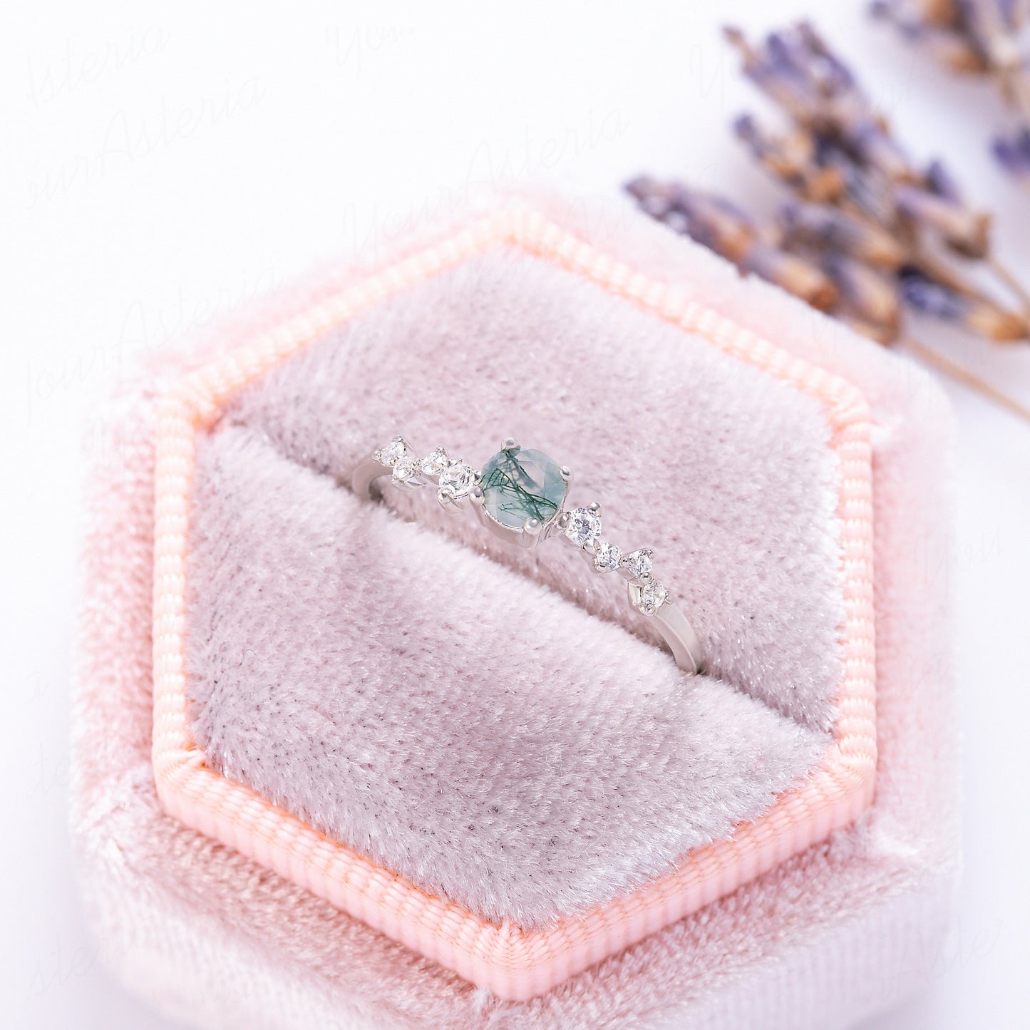 Round Green Moss Agate Ring for Her