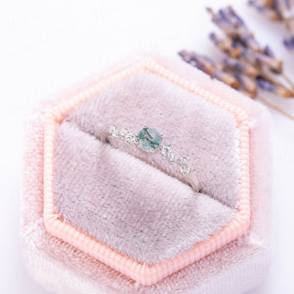 Round Green Moss Agate Ring for Her