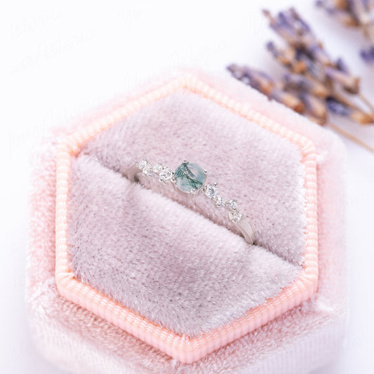 Round Green Moss Agate Ring for Her