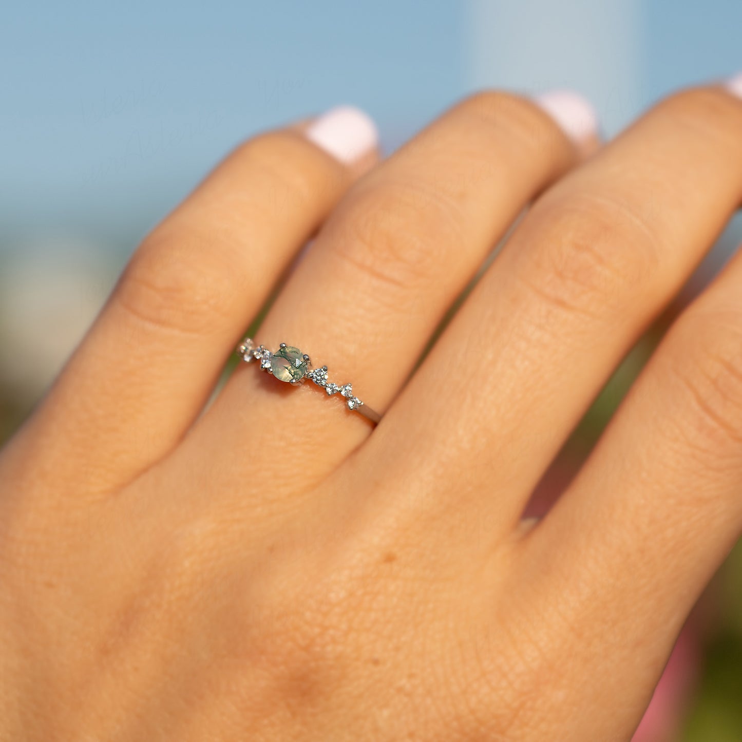 Round Green Moss Agate Ring for Her