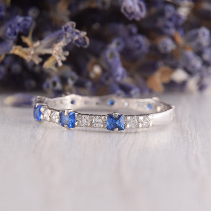 Blue Sapphire Wedding Band – Sterling Silver