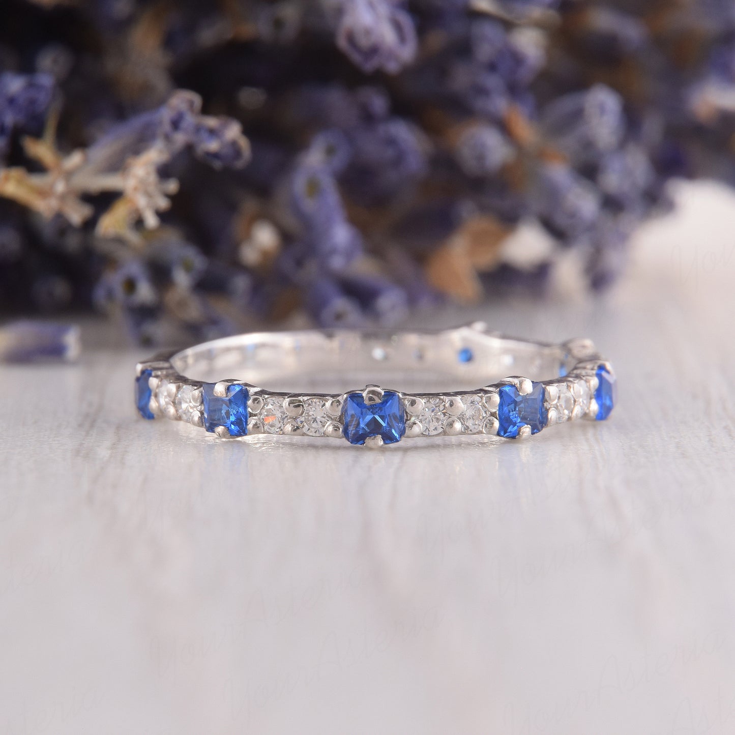 Blue Sapphire Wedding Band – Sterling Silver