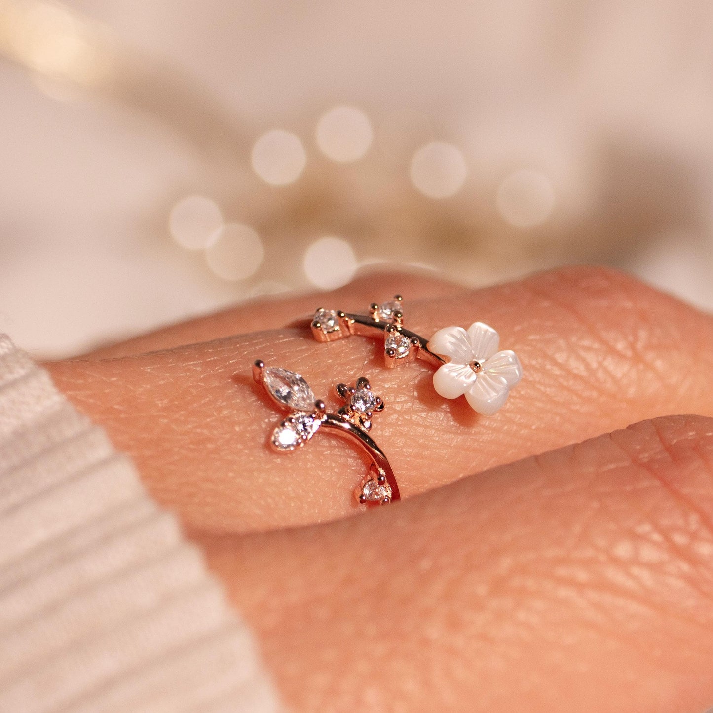 Birth Flower Ring | 925 Sterling Silver Adjustable Sakura Ring with Mother of Pearl | Personalized Birthstone Gift for Women