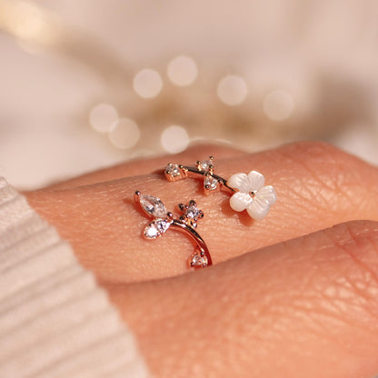 Birth Flower Ring | 925 Sterling Silver Adjustable Sakura Ring with Mother of Pearl | Personalized Birthstone Gift for Women