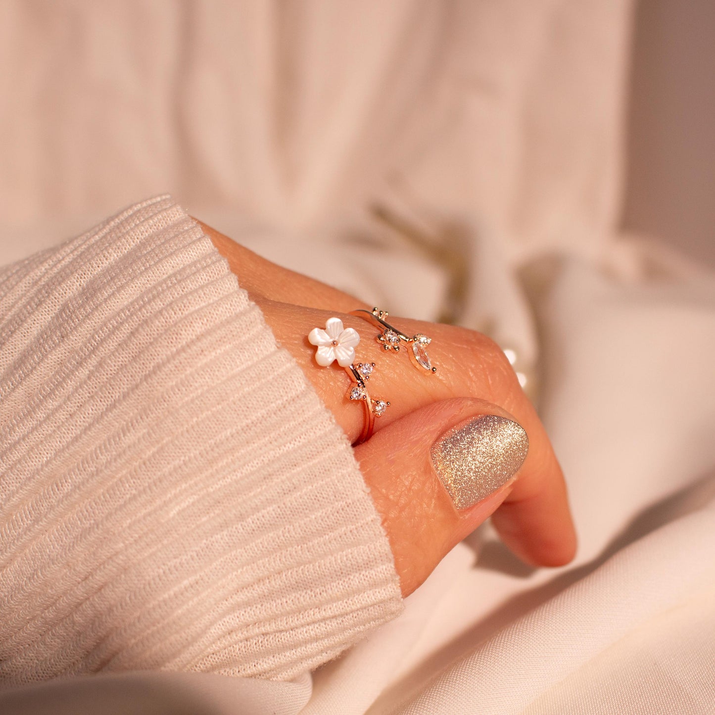 Birth Flower Ring | 925 Sterling Silver Adjustable Sakura Ring with Mother of Pearl | Personalized Birthstone Gift for Women