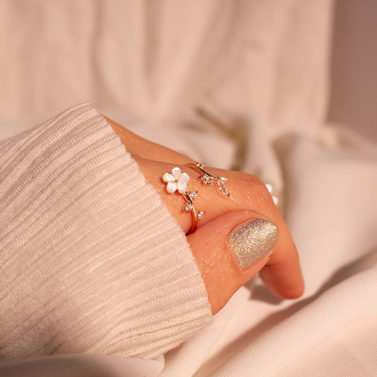 Birth Flower Ring | 925 Sterling Silver Adjustable Sakura Ring with Mother of Pearl | Personalized Birthstone Gift for Women