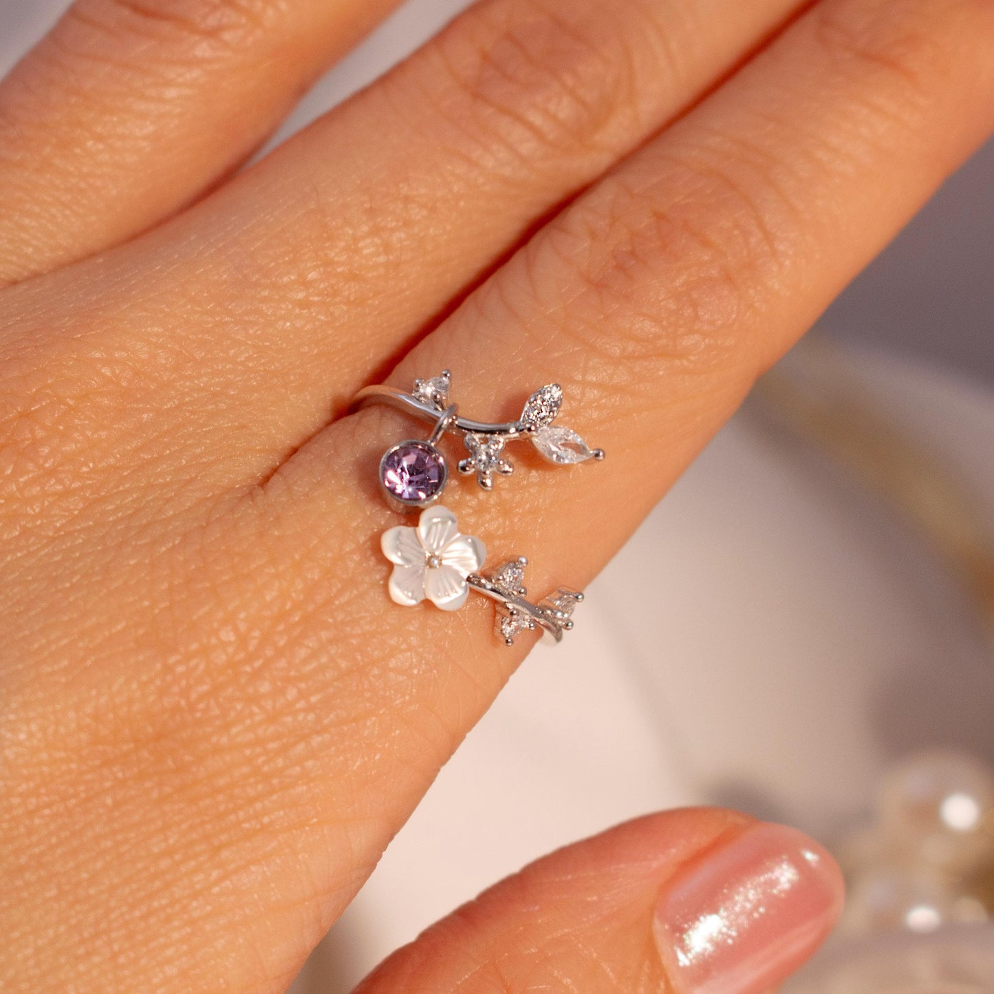 Birth Flower Ring | 925 Sterling Silver Adjustable Sakura Ring with Mother of Pearl | Personalized Birthstone Gift for Women