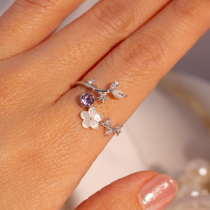 Birth Flower Ring | 925 Sterling Silver Adjustable Sakura Ring with Mother of Pearl | Personalized Birthstone Gift for Women