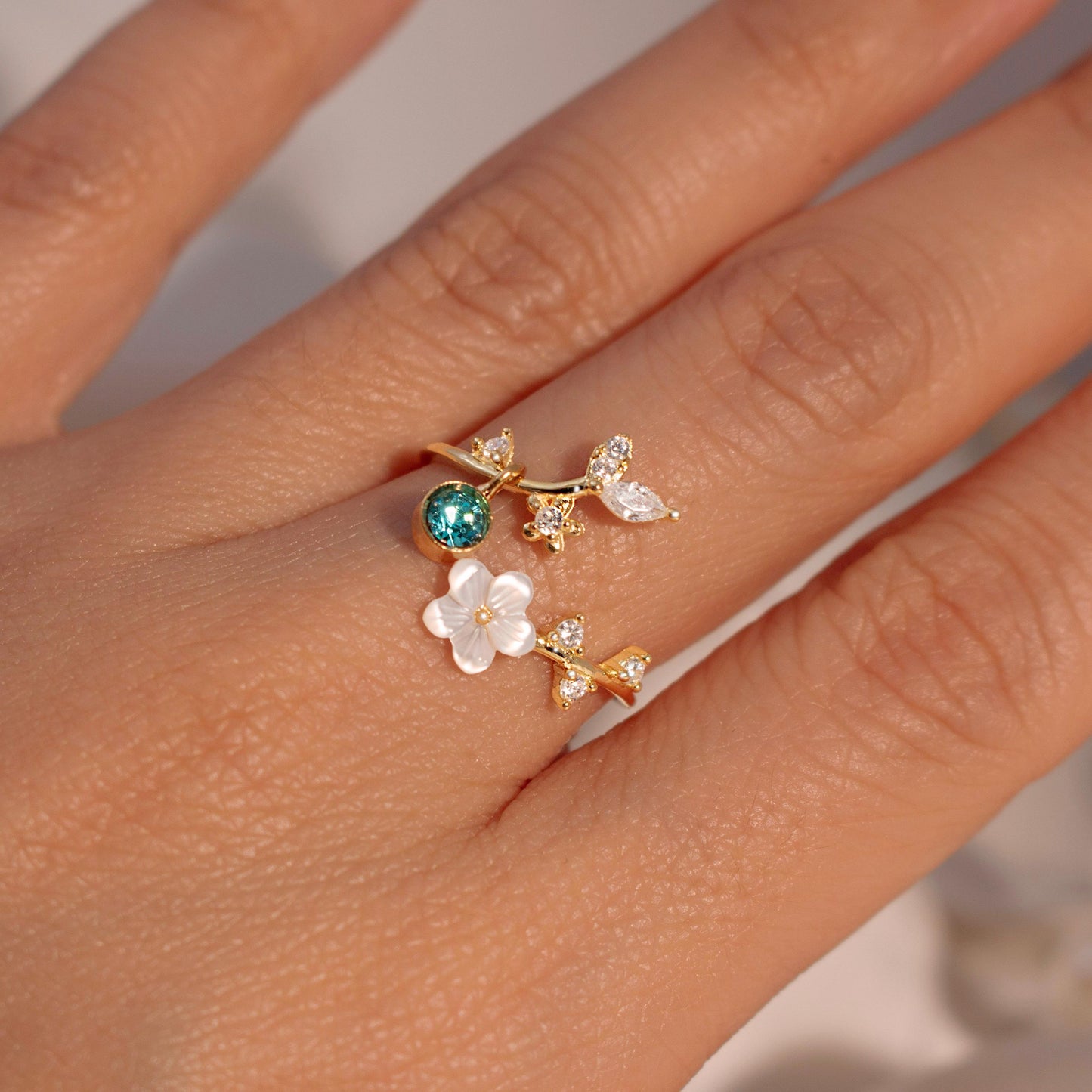 Birth Flower Ring | 925 Sterling Silver Adjustable Sakura Ring with Mother of Pearl | Personalized Birthstone Gift for Women