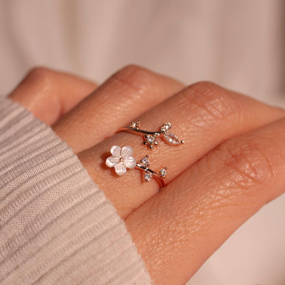 Birth Flower Ring | 925 Sterling Silver Adjustable Sakura Ring with Mother of Pearl | Personalized Birthstone Gift for Women