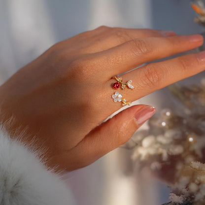 Birth Flower Ring | 925 Sterling Silver Adjustable Sakura Ring with Mother of Pearl | Personalized Birthstone Gift for Women