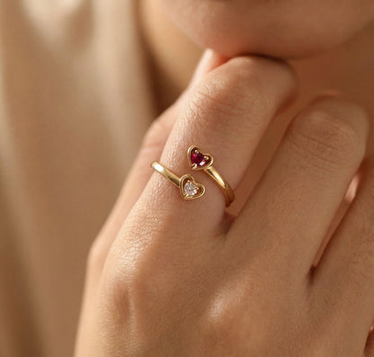 Two-Stone Heart Ring, Sterling Silver Adjustable Band, Birthstone Ring, Mother's Day Gift, Anniversary Gift, Gift For Her