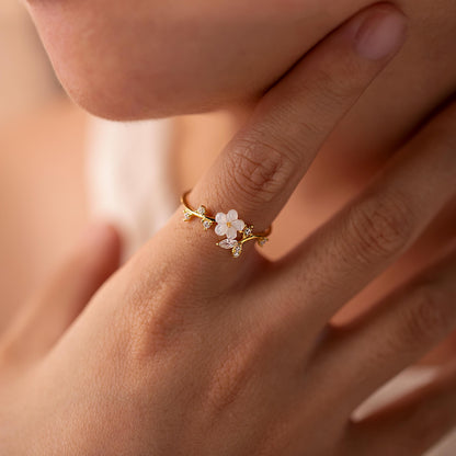 Birth Flower Ring, Mother of Pearl Sakura Rings, Adjustable Delicate Rings, Personalized Gift, Christmas Gifts, Birthday Anniversary Jewelry