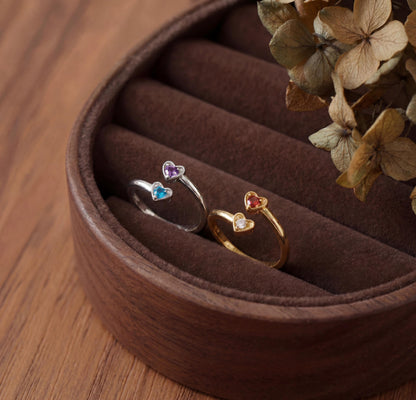 Two-Stone Heart Ring, Sterling Silver Adjustable Band, Birthstone Ring, Mother's Day Gift, Anniversary Gift, Gift For Her