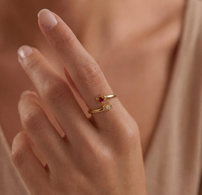 Two-Stone Heart Ring, Sterling Silver Adjustable Band, Birthstone Ring, Mother's Day Gift, Anniversary Gift, Gift For Her