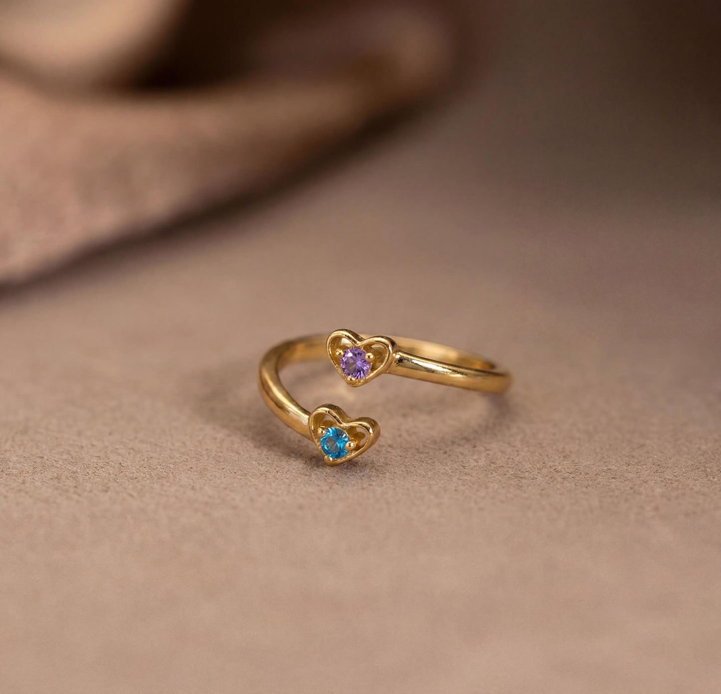 Two-Stone Heart Ring, Sterling Silver Adjustable Band, Birthstone Ring, Mother's Day Gift, Anniversary Gift, Gift For Her